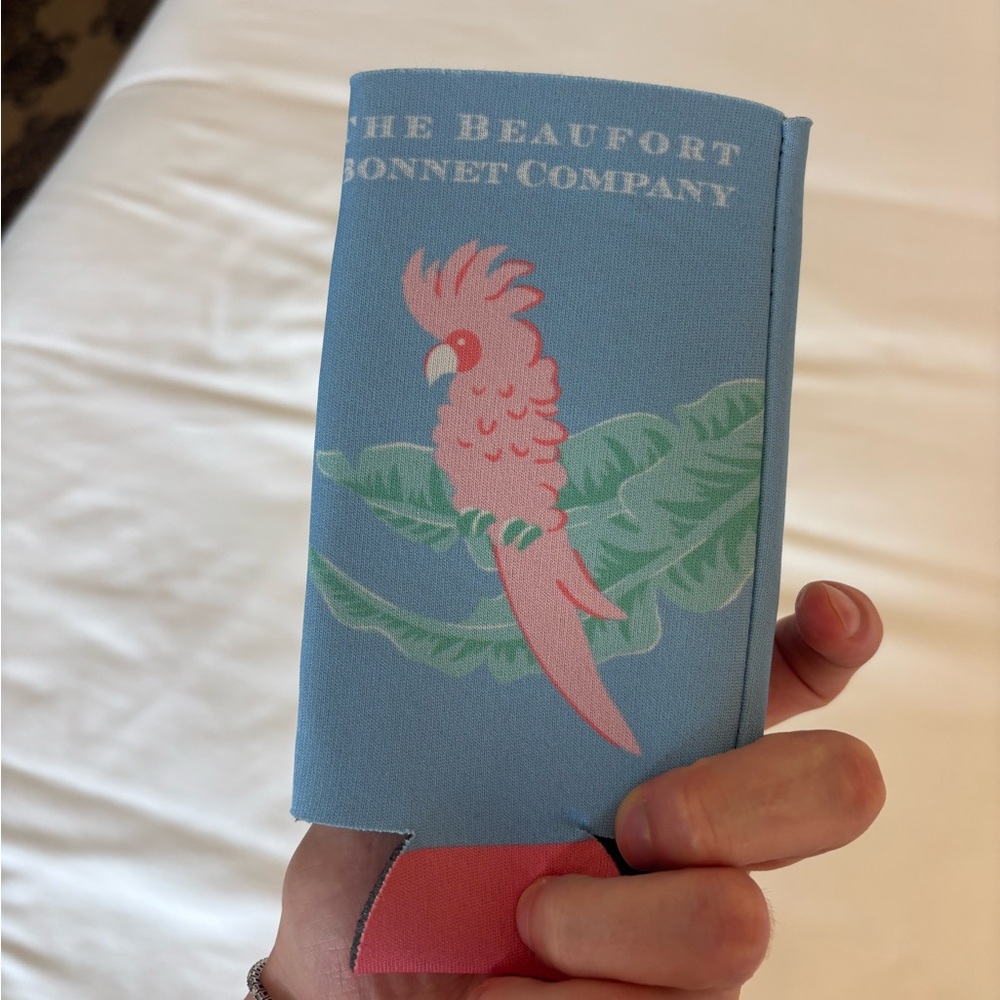 The Beaufort Bonnet Company Pink Parrot Blue Koozie